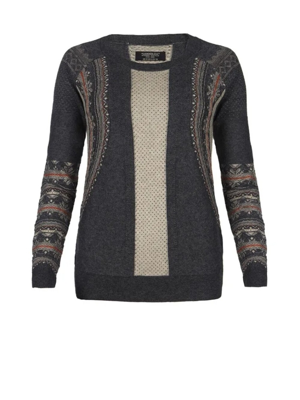 All Saints Remy Jumper Charcoal Crewneck with Patterned Panels Size 2